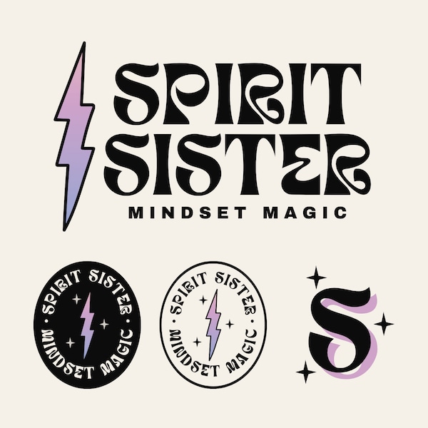 Lightning Bolt Logo Branding Kit Canva Template - DIY Editable Colorful Funky Retro Logo Design - Spiritual Esoteric Whimsical Boutique Logo