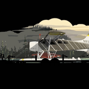 Puede incluir: Un hidroavión gris y blanco con detalles amarillos está estacionado en un muelle. El avión tiene el número de registro "N93E" en la cola. El avión está frente a una zona boscosa con un cielo nublado en el fondo.