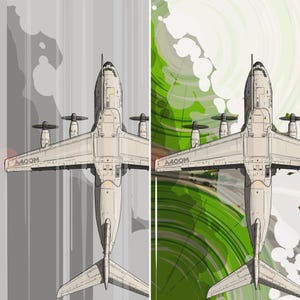 Könnte beinhalten: Ein weißes Flugzeug mit vier Triebwerken fliegt am Himmel. Das Flugzeug trägt den Schriftzug "A400M" an der Seite. Der Hintergrund ist ein verschwommenes Bild von Wolken und Himmel.