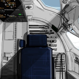 May include: Illustration of an airplane cockpit interior. The image features a pilot's seat, control panels, and a view of the sky through the windshield. The color palette is primarily grayscale with blue accents.