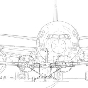 May include: A black and white line drawing of a small airplane taxiing in front of a larger airplane. The smaller airplane has two propellers and is facing forward. The larger airplane is facing forward and has a large, round nose.