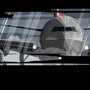 Puede incluir: Una vista de cerca de un avión plateado con detalles rojos y azules. El avión está frente a un fondo borroso de un cielo nublado.