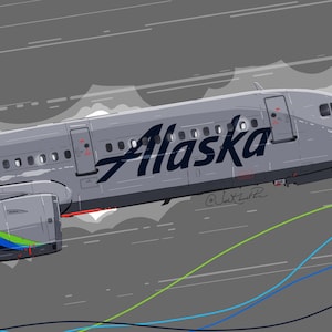 Airbus A321 Alaska Air Partindo SEA - 11x17” Arte Digital