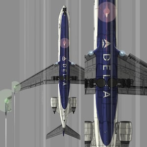 May include: A white and blue Delta Airlines airplane with the logo on the side, viewed from above. The airplane is flying through the air with contrails behind it.