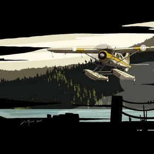 May include: A yellow and white seaplane flies over a forest and lake. The plane has two floats on each side and a propeller in the front. The plane is flying low to the ground and there is a small amount of fog in the air.