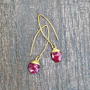 Gemstone Earrings, Dyed Ruby, Simple Drop Earrings, Faceted Gemstone, Gold Dangle, Minimalist, 3 Souls