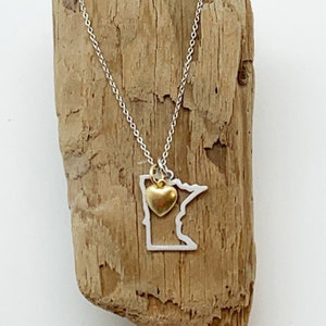 3 Souls, Minnesota Necklace, Sterling Silver with 14kt Gold Plate Puffy Heart charm 16&quot;-18&quot; Length, Minneapolis, MN Necklace