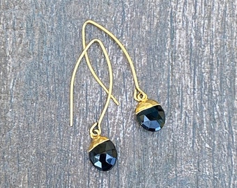 Black Onyx Gemstone Earrings, Genuine Black Onyx, Simple Drop Earrings, Faceted Gemstone, Dangle, Minimalist, Little Black Dress Earrings