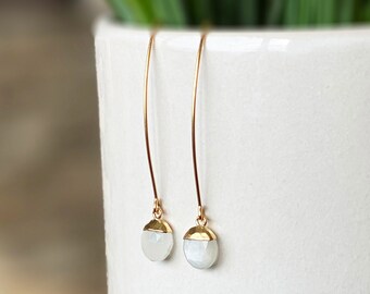 3 Souls, Moonstone Earrings, Gold Dangle, Gold Marquise Ear Wires, Simple Drop Earrings, Long Earrings, Faceted Gemstone, Minimalist