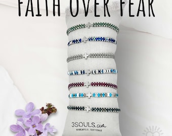 Inspirational Cross Bracelet Stack - Faith Over Fear, Religious Jewelry, Handmade Beaded Bracelet, Silver Cross Bead Bracelet