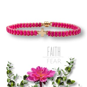 Inspirational Cross Bracelet Stack - Faith Over Fear, Religious Jewelry, Handmade Beaded Bracelet, Gold Cross Bead Bracelet, Pink Bracelets