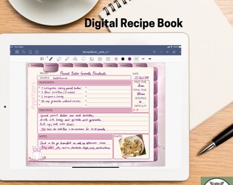 May include: A digital tablet displaying a pink-themed digital recipe book with the text Digital Recipe Book. The screen shows a recipe for Peanut Butter Granola Pinwheels, including ingredients, directions, notes, and a photo of the finished dish.
