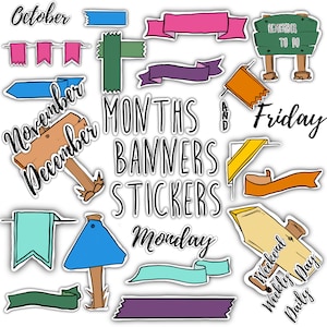 MONTHS & BANNERS STICKERS Set for digital planner, Clip Art, GoodNotes planner stickers, Pre-cropped digital stickers for GoodNotes
