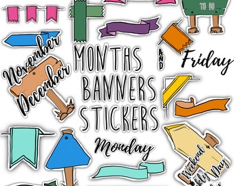 MONTHS & BANNERS STICKERS Set for digital planner, Clip Art, GoodNotes planner stickers, Pre-cropped digital stickers for GoodNotes