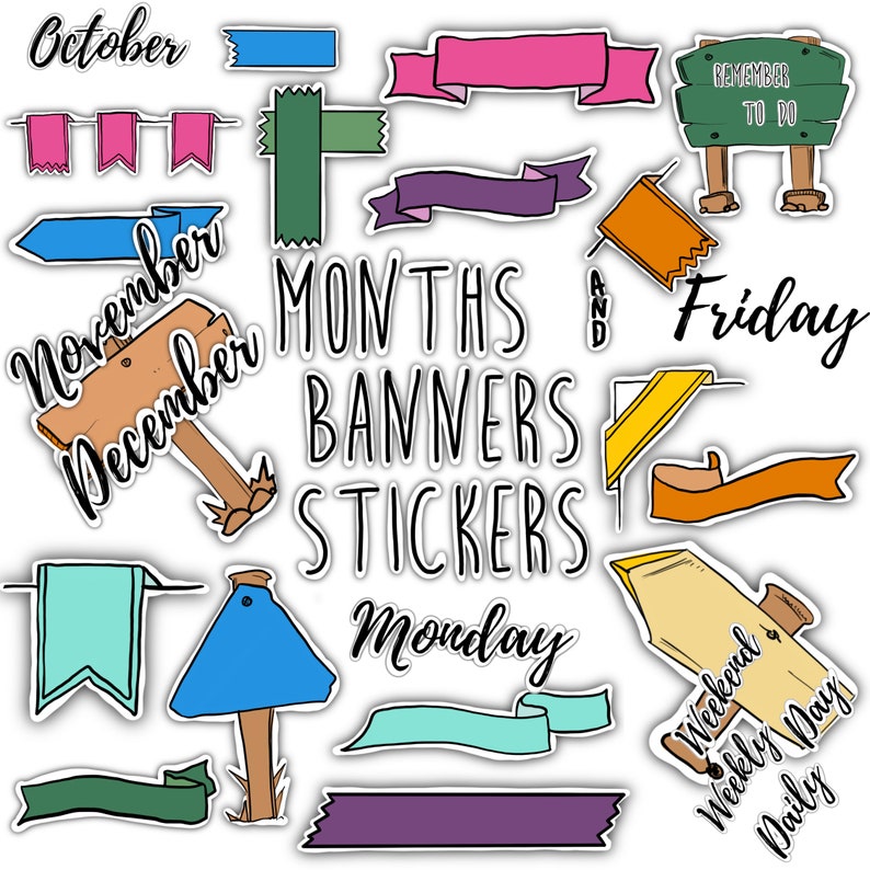 MONTHS & BANNERS STICKERS Set for digital planner, Clip Art, GoodNotes planner stickers, Pre-cropped digital stickers for GoodNotes image 1