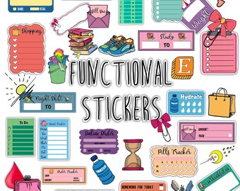 FUNCTIONAL STICKERS Set for digital planner, Clip Art, GoodNotes stickers, Pre-cropped digital stickers for GoodNotes, BONUS Stickers