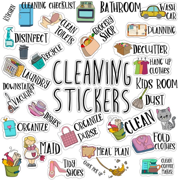 CLEANING STICKERS Set for digital planner, Clip Art, GoodNotes planner stickers, Pre-cropped digital stickers for GoodNotes, Zinnia Journal