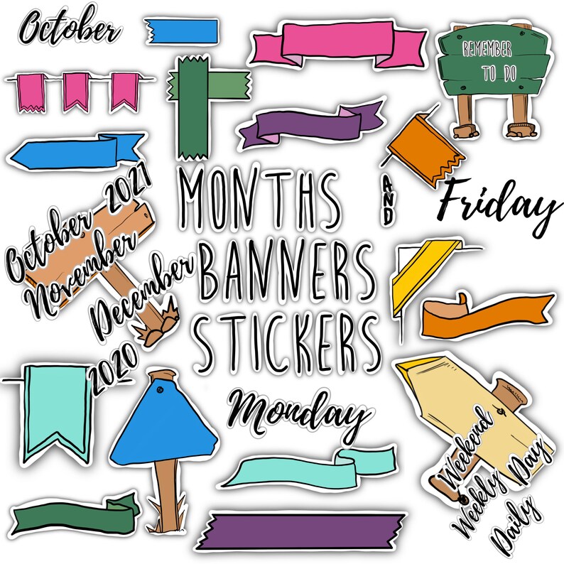 MONTHS & BANNERS STICKERS Set for digital planner Clip Art | Etsy