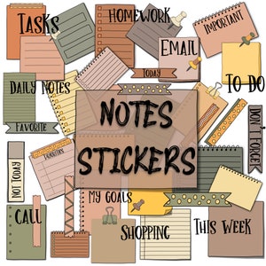May include: A collection of digital planner stickers with various designs and text. The stickers include labels like "Tasks," "Homework," "Email," and "To Do." The color palette features shades of brown, beige, and green, with handwritten-style fonts.