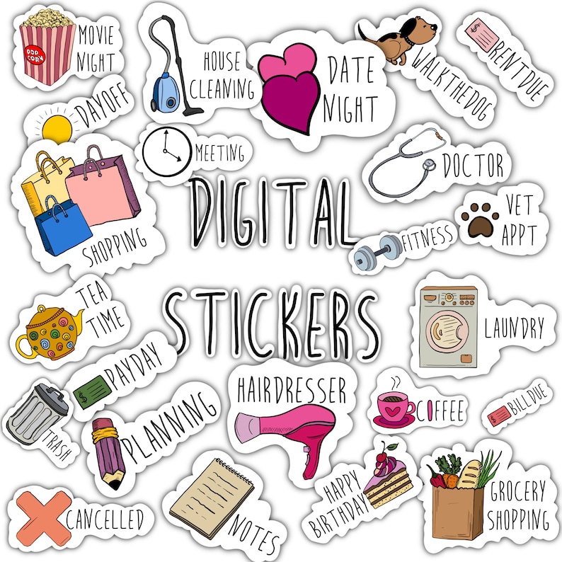 DIGITAL STICKERS Set for digital planner, Zinnia app, GoodNotes planner stickers, Pre-cropped digital stickers for GoodNotes, BONUS Stickers 