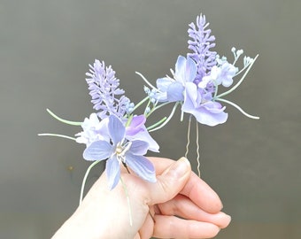Powder lavender misty blue floral hairpins Bridal hair piece flower pins Clip grip accessory Wildflowers headpiece Boho hairpins for woman