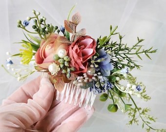 Blush festive hair comb Bridal cranberry red hair piece Flower hair slide wild Pearl beads Garden flowers back head clip grip English rose