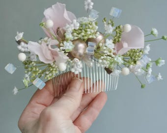 Glam real moonstone hair comb Bridal pink preserved petals hair piece Flower crystal hair slide Garden flowers back head Woodland clip grip