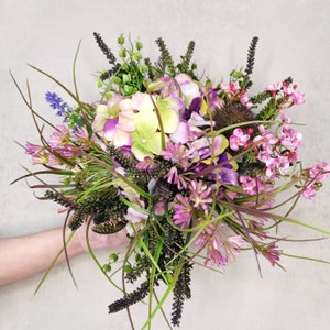 Wood flowers lavender bouquet, Fake bouquet for wedding, Wild lavender bouquet, Boho purple wedding bouquet