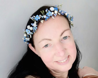 Blue hair jewelery Forget me not bridal headband Wildflowers hair piece with pearls Forest fairy crown Back or front head flowers