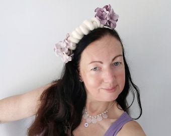 Dusty purple hydrangea headband Silk flowers festive fascinator Wedding guest or birthday flower hair decor