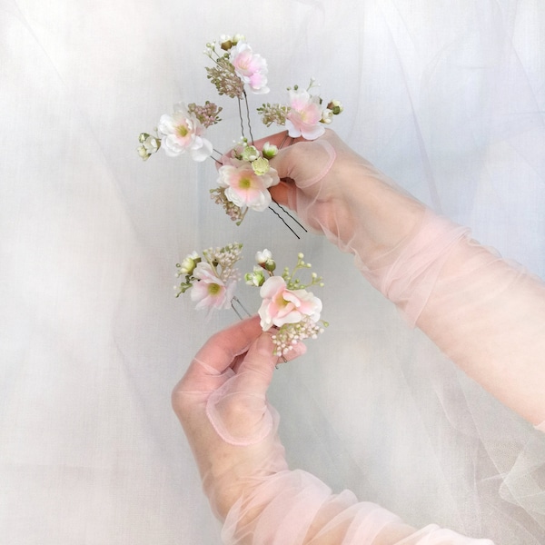 Cherry blossom hair pins set of 6 Apple blossom hair pins Pink flowers hair clip Bridal wildflowers headdress Wedding crown blush pink