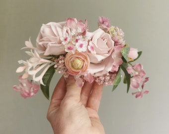 Wildflowers hair pin Bridal garden hair piece Flower hair slide wild English rose back head Woodland tiara meringue pink