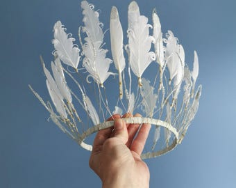 White Swan Feather Crown, Braded Wirework Glamour Headdress
