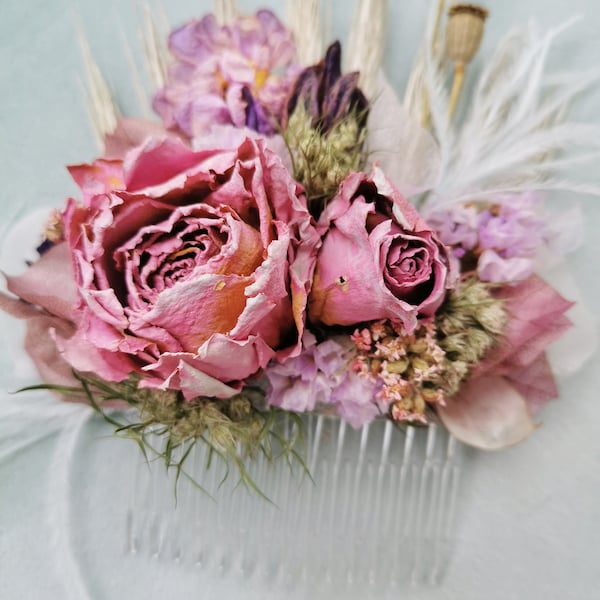 Mauve roses bridesmaid head piece Lavender flower comb Wheat crown hair pin for event prom party Festive hair clip garden style head clip