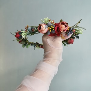 Forest fairy autumnal crown Fall wedding circlet crown Woodland bridal headband crown Bridesmaid tiara Bridal head piece red and blush
