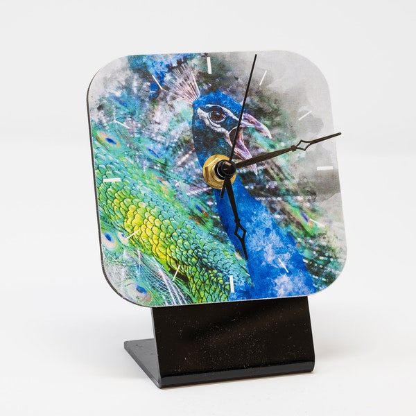 Peacock Watercolor Bird Desk Clock - Unique Artwork, Nature-inspired Home Decor