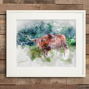 Watercolor Texas Longhorn Fine Art Print