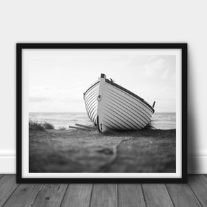 Minimalist Row Boat Print: Black and White Ocean Scene (Digital Download
