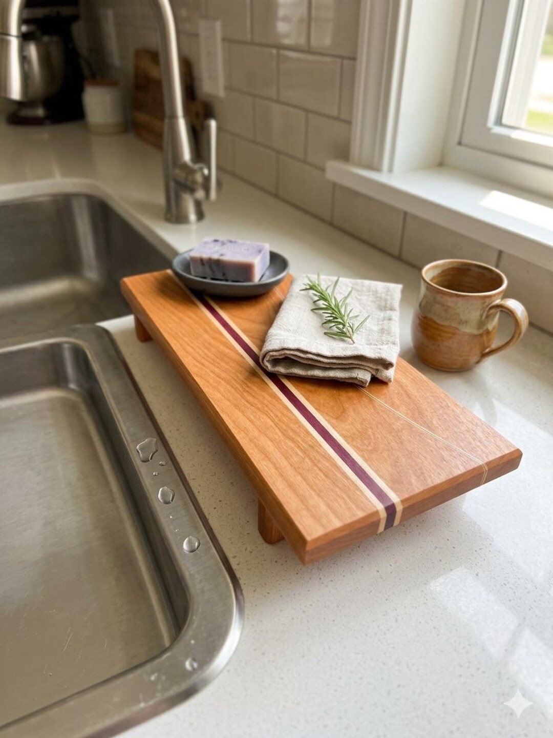 Inlay In Riser Handmade Cherry Wood Riser Stand | Modern Inlay Countertop Organizer ...