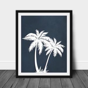 Arte mural de palmeras costeras: Impresión tropical azul marino - Decoración playera imprimible de descarga instantánea