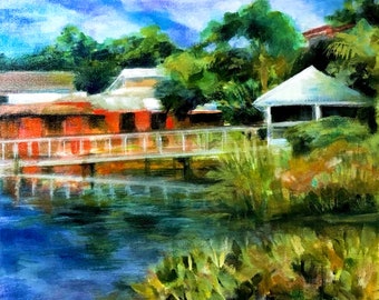 Set of 4 Note Cards of Original Artwork, By the Dock, Mount Dora, FL (4-1/4" x 5-1/2") With Envelopes