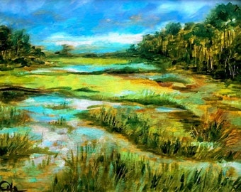11 x 14 Original Acrylic Painting, "Golden Marsh" St. Augustine, Florida