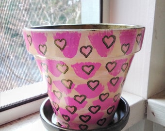 5" Hand painted flower pot with saucer