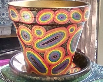 6" Hand painted flower pot with saucer