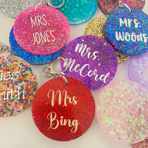 Teacher name glitter custom keychain bag tag personalized Christmas birthday gift resin sparkles key chain