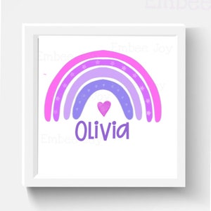 Custom nursery playroom kids room boho rainbow name print personalized  printable pink purple