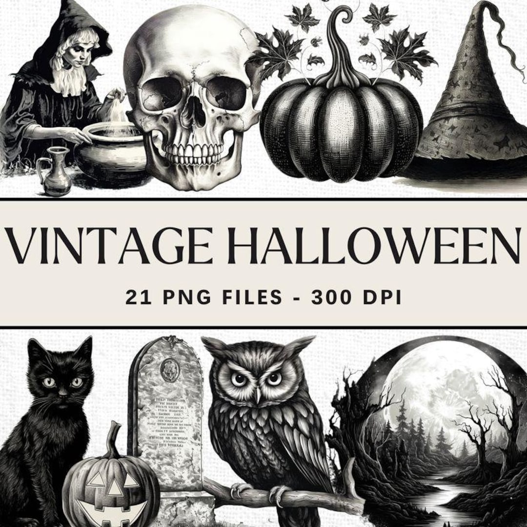 21 Vintage Halloween Clipart Bundle | Retro Witch Pumpkin Black Cat PNG ...