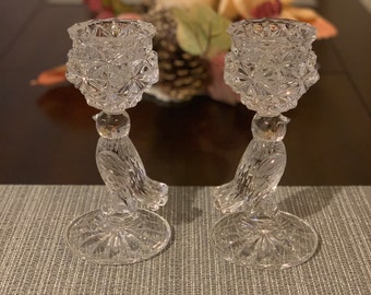 Vintage Anna Hutte Bleikristall candlestick holders, German Made Crystal Bird Candlestick holders, Set of 2