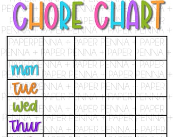 May include: A colorful printable chore chart with the word "CHORE CHART" in large letters at the top. The chart is divided into seven columns for each day of the week, and six rows for different chores.