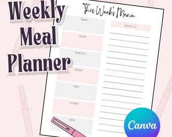 2026 Weekly Meal Planner Grocery List Digital Download Canva Template